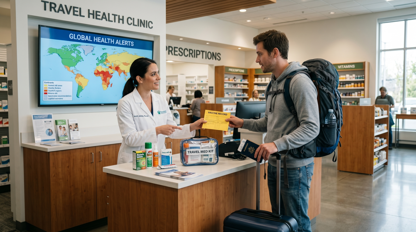Pharmacist advising on travel vaccines and medications